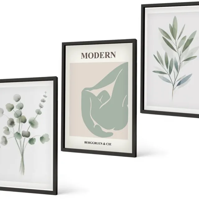 Coloray 3-Delige Schilderij Set - Plantmotieven In Delicate Groene Tinten - 40 x 60 cm - Stijlvolle Wanddecoratie - Interieur - Moderne Wanddecoratie Zwarte lijst
