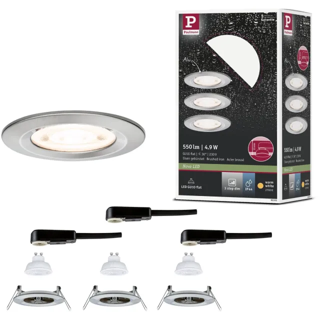 Paulmann LED-inbouwlamp 3-Step-Dim Nova GU10 Flat stijf IP44 3x4,9W 3x550lm 230V dimbaar 2700K Staal geborsteld