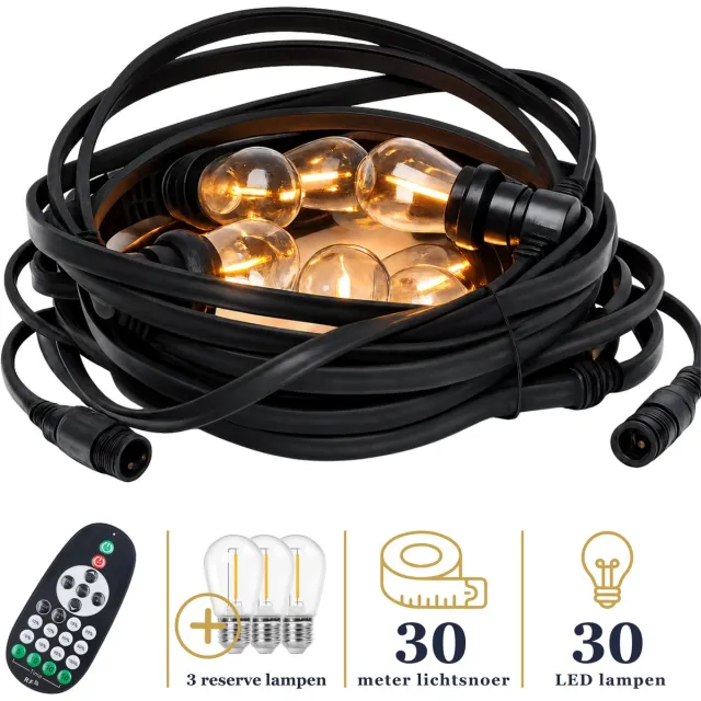 Odaily Platte Prikkabel - 30 Meter - 30 LED Lampen - Warm Wit - IP65 Lichtsnoer - Dimbaar - Premium Kwaliteit
