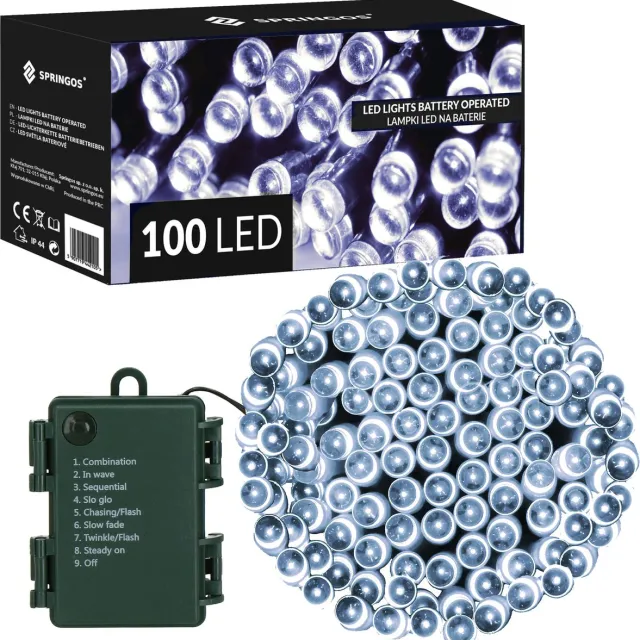 springos Kerstverlichting | 10,5 m | Batterij | 100 LED | Koel Wit