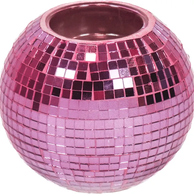 Housevitamin Kaarshouder - Theelichthouder - Disco - Waxinelicht - Glas - Roze - 10,5x10,5x8,5cm.
