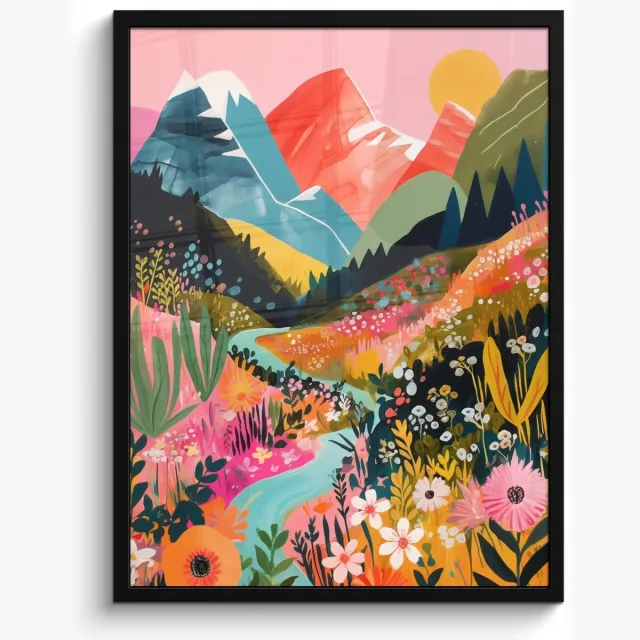 FrameYourWall Poster in lijst - Fotolijst 50x70 cm - Posters - Rivier - Diepte - Bloemen - Posterlijst zwart - Decoratie - Wanddecoratie woonkamer - Muurdecoratie slaapkamer Rivier - Bergen - Kleurrijk