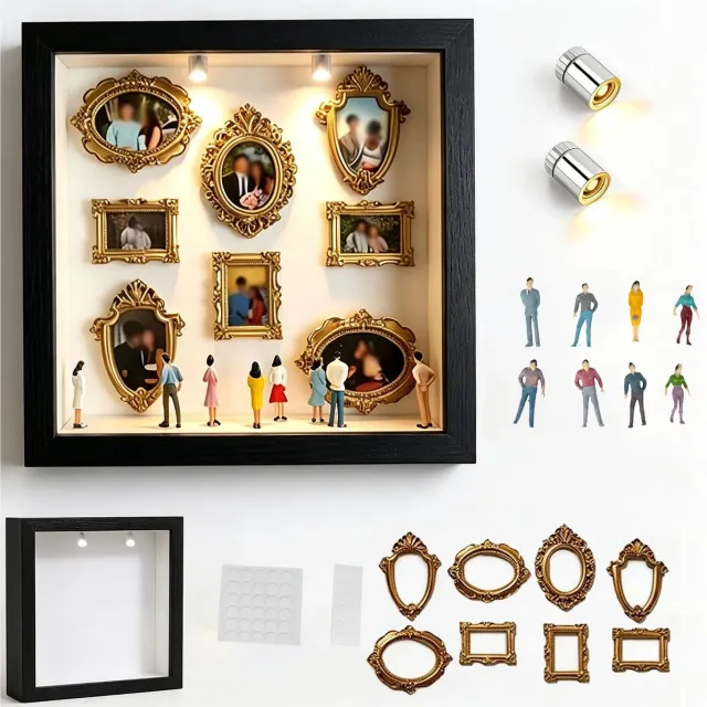 NCRealher DIY Mini Museum Silhouette Box - Schaduwdooslijst - DIY Mini Schaduwdoos Kit - Met 8 Mini-Museumbeeldjes En 8 Mini-Gouden Fotolijstjes Zwart & Goud
