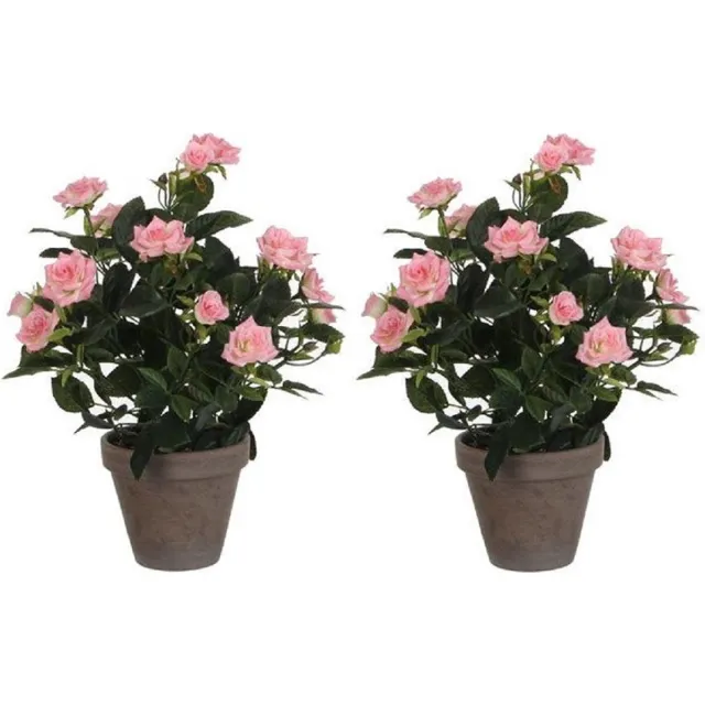 Mica Decorations Kunstplant - 2x - rozen - roze - in grijze pot - 33cm - kunst roos