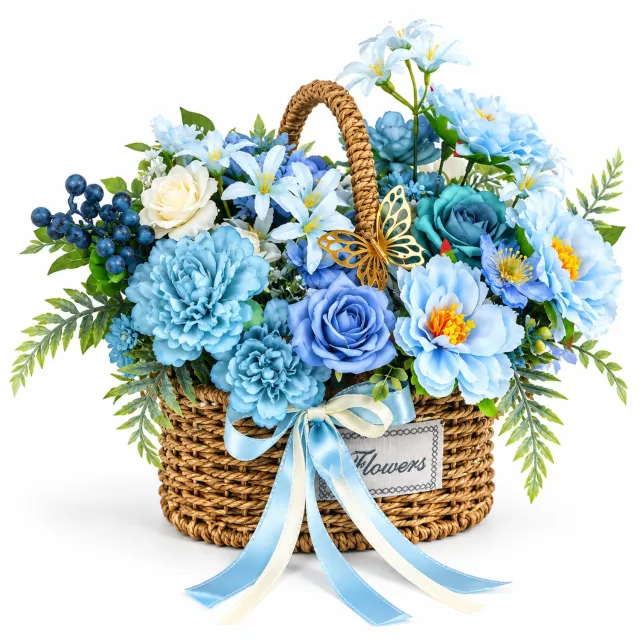 La Roselle Amsterdam Blauw Kunstbloemenboeket in Rieten Mand – Luxe Bloemstuk met Blauwe en Witte Rozen, Vlinders en Strik – Cadeau voor Elke Gelegenheid, Verjaardag, Jubileum, Moederdag en Feestdagen | La Roselle Amsterdam Lichtblauw, turquoise, wit en donkerblauw