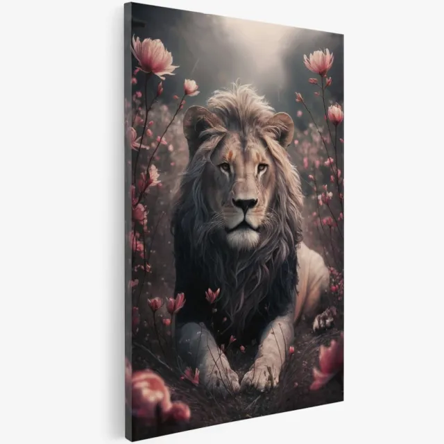 Saammp Canvas Schilderij - Leeuw - Roze bloemen - Abstract - Dieren - 30x40 - Foto op canvas - Wanddecoratie - Muurdecoratie Woonkamer - Slaapkamer decoratie - Canvas Print Multicolor