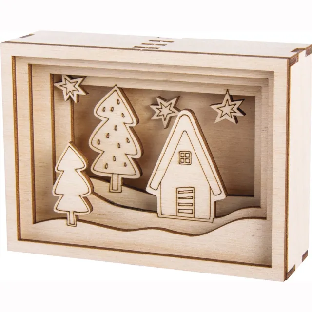 Rayer Kerst-Bouwpakket - Hout - 3D in Lijst - 8,5 x 11,5 x 3 cm - Met Gratis Verlichting 8 Led - Knutsel - Kado Tip !! licht hout