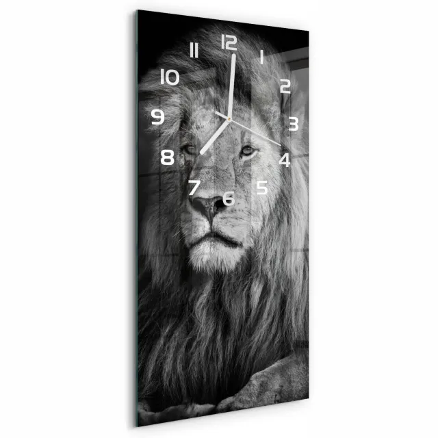 TULUP Wandklok - Portret van een leeuw Klok Glas Met Opdruk - 30x60 cm - Zwart-wit Moderne Wandklok Glas - Witte handen - Rechthoekige Klok - Decoratieve Glazen Klok - Glazen Wandklok Design