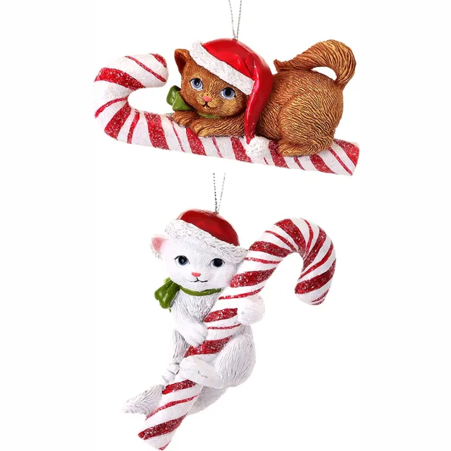 Viv! Christmas Kerstornament - Kittens met Zuurstokken - set van 2 - wit rood - 10cm