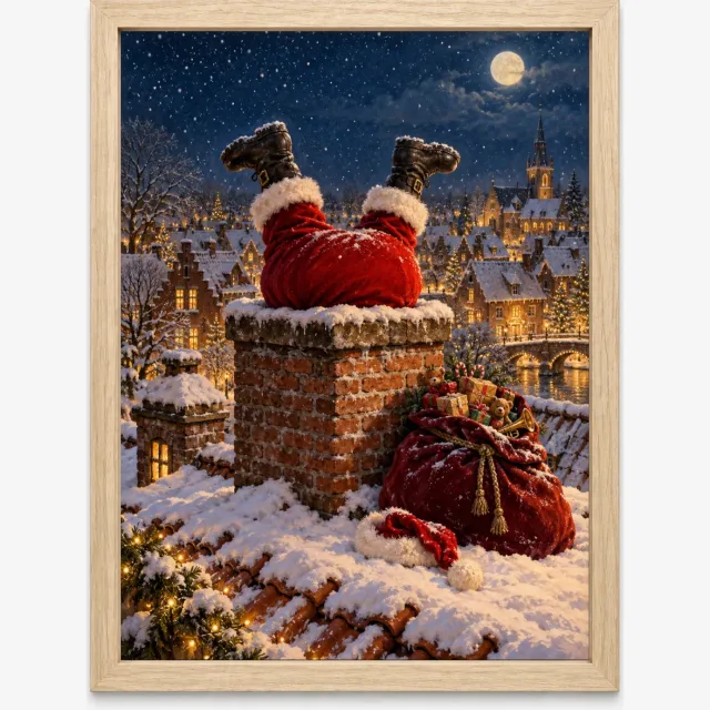Joshimo Kerstman Kerstposter | Vast in de Schoorsteen | Inclusief Lichtbruine A4 Lijst