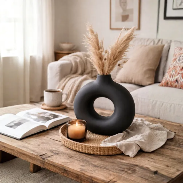 Arti Casa Vaas Rond Zwart - Modern Decoratief Porselein - Uniek Rond Design Blikvanger - Geschikt voor Droge en Verse Bloemen - Mat Zwarte Afwerking - 31x10,5x31 cm