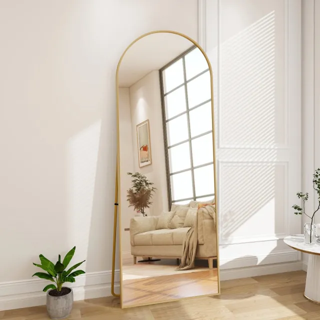 ROSAHQNDA Gebogen staande spiegel 177x77 cm, met verstelbare standaard, gouden aluminium frame, hangend of staand, voor slaapkamer, woonkamer of garderobe