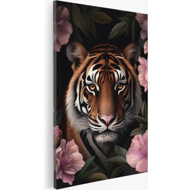 Saammp Canvas Schilderij - Tijger Tussen de roze bloemen - Abstract - Natuur - Dieren - 60x90 - Foto op canvas - Wanddecoratie - Muurdecoratie Woonkamer - Slaapkamer decoratie - Canvas Print Multicolor