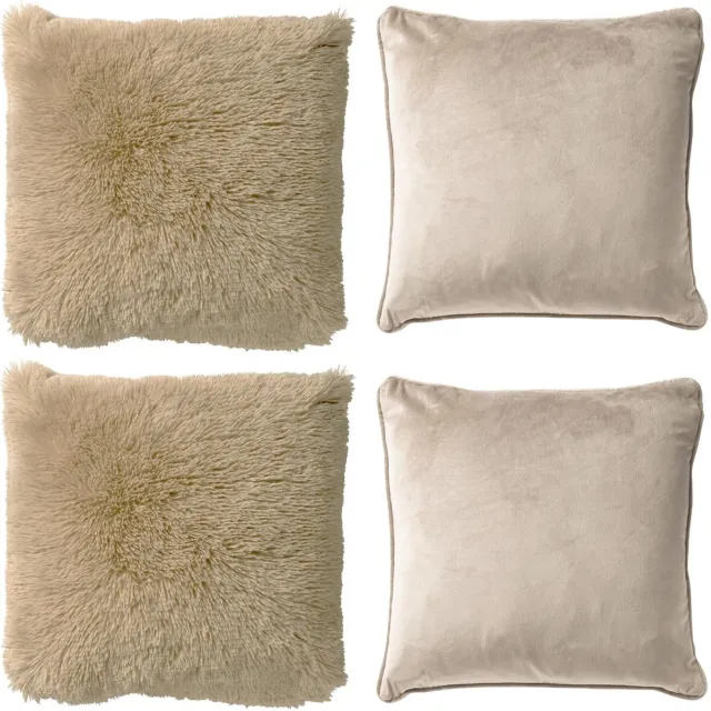 Dutch Decor KUSSENSET - 4-delig Fluffy & Velvet - 45x45 cm - inclusief binnenkussens - beige - Met Ritssluiting – Decoratie set sierussens - Comfortabele kussentjes voor op de Bank