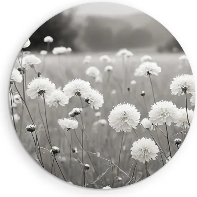 Saammp Muurcirkel Hout - Landschap - Zwart-Wit - Bloemen van dichtbij - Natuur - Ø 80 - Wandcirkel - Wanddecoratie Cirkel - Muurdecoratie Woonkamer - Slaapkamer decoratie - Rond Schilderij