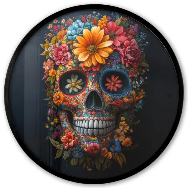FrameYourWall Poster in lijst Rond - Fotolijst 40x40 cm - Posters - Bloemen - Kleurrijk - Schedel - Ronde posterlijst zwart - Decoratie - Wanddecoratie woonkamer - Muurdecoratie slaapkamer Schedel - Bloemen - Kleurrijk