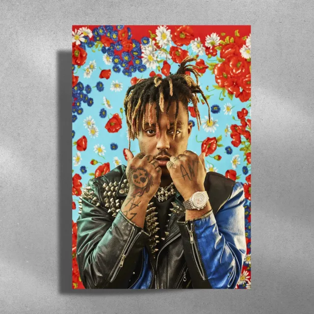 Luxe poster Juice Wrld - Metalen Poster 40x60cm - Color Flower blauw