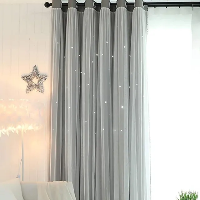 KRUIHAN Hollow Star Verduisteringsgordijn lichtgewicht sterren schaduwgordijn thermisch geïsoleerde gordijnen met witte voile (1 paneel, 130 cm breedte x 180 cm hoogte)