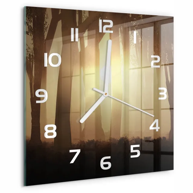 TULUP Wandklok - Mist in het bos Wandklok Glas Met Motief - 30x30 cm - Bruin Decoratieve Glazen Klok - Witte handen - Vierkante Klok - Gekleurde Glazen Klok - Glazen Klok Met Print