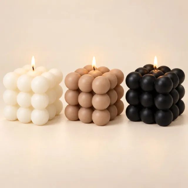 EasyMart Bubble Kaarsen Set van 3 – Bubbelkaarsen 6 x 6 cm – 20 Branduren – Decoratieve Figuurkaarsen – Wit, Taupe & Zwart – Ongeparfumeerd Wit/Taupe/Zwart