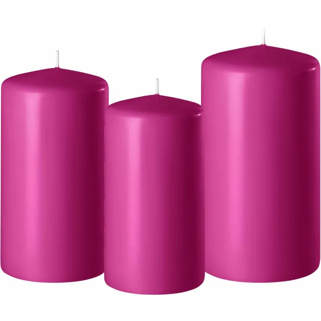 Enlightening Candles Set van 3x stuks fuchsia roze stompkaarsen 10-12-15 cm met diameter 6 cm - Sfeer kaarsen voor binnen