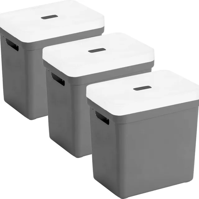Sunware opbergboxen met deksel - 3x - Sigma Home - kunststof - 25 liter - antraciet - opberg bakken / manden - 35 x 25 x 36 cm