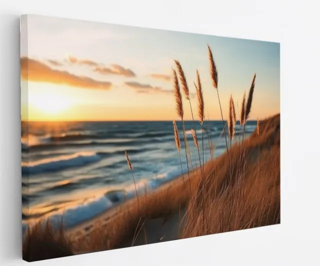 Saammp Canvas Schilderij - Helmgras met zonsondergang - strand - zee - Duinen - 150x100 - Foto op canvas - Wanddecoratie - muurdecoratie Woonkamer - Slaapkamer decoratie - Canvas Print Multicolor