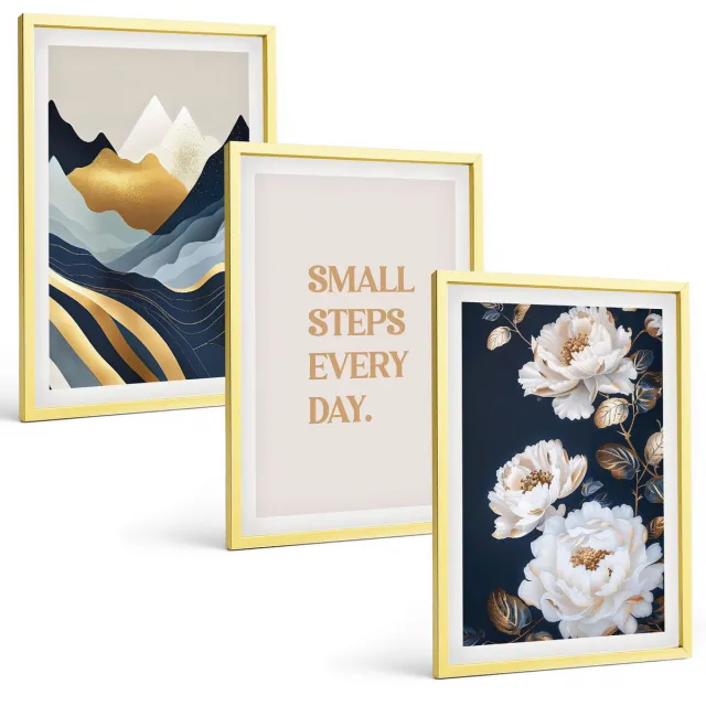 TULUP 4-Delige Schilderij Set - Abstracte bergen, bloemen en inspirerende letters - 40 x 60 cm - Decoratieve Schilderijen - Woonkamer - Interieur Gouden lijst