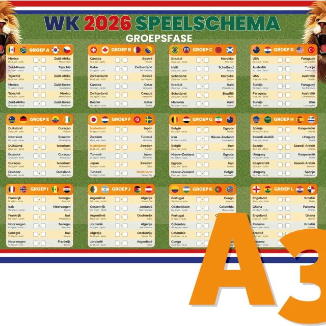 Printeresting WK 2026 SPEELSCHEMA A3 formaat - Groepsfase - Knock-outfase - Invulbaar Groen