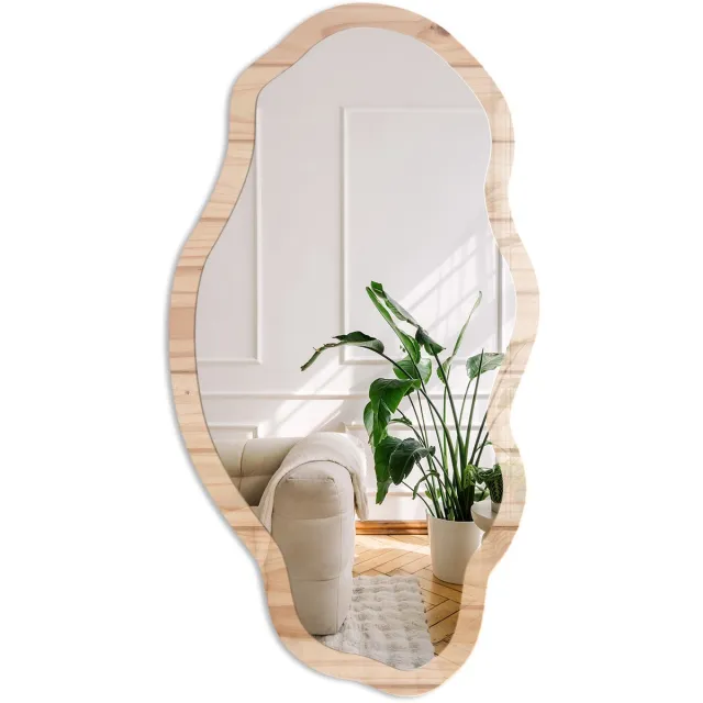 Coloray Houten Patroon Spiegel - Beige Moderne Rechthoekige Wandspiegel - Organische Spiegel - Woonkamer - Rustiek - 45x90 cm - Totale afmeting 52x97 cm HoutnerfpatroonMotief, Beige