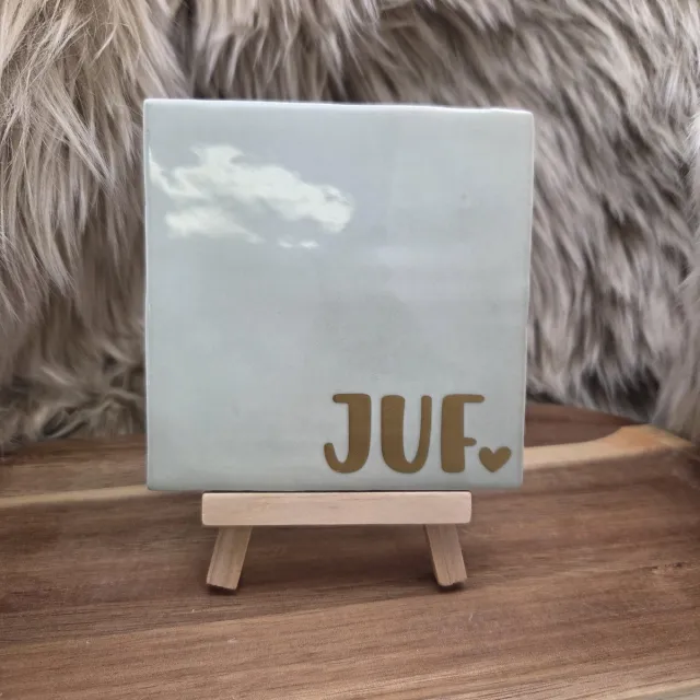 CreaCraft Robuust Wenstegeltje Juf – Cadeau Juffendag – Afscheid Juf – Bedankje – Trendy – Woondecoratie – Cadeautje – Decoratief Tegeltje met Standaard – Cadeau Idee mintgroen/goud