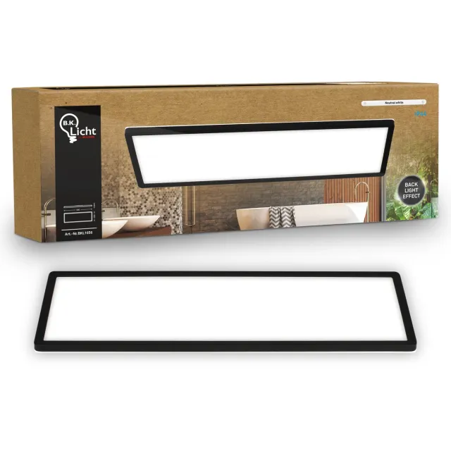 B.K.Licht Shallow - LED Badkamerlamp Plafonniere - paneel plafondlamp - badkamerverlichting met neutraal wit licht - IP44 - 58 x 20 cm - zwart Zwart (hoekig)