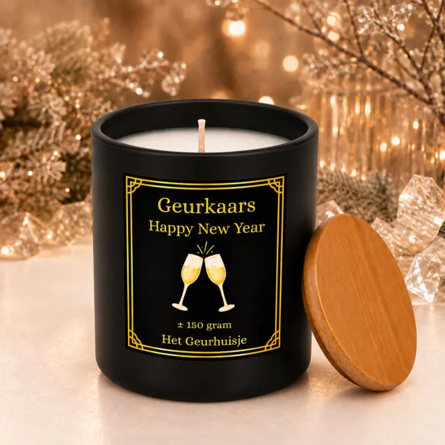 Het Geurhuisje Luxe Happy New Year Geurkaars – ± 150 gram – Feestelijke Wintergeur – Glazen Pot met Bamboe Deksel - Dierproefvrij - Handgemaakt Zwart