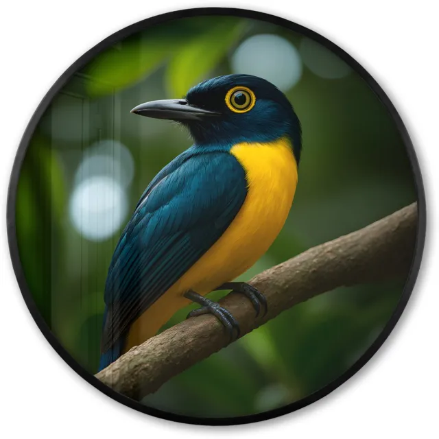 FrameYourWall Poster in lijst Rond - Fotolijst 80x80 cm - Posters - Vogel - Tak - Geel - Bladeren - Ronde posterlijst zwart - Decoratie - Wanddecoratie woonkamer - Muurdecoratie slaapkamer