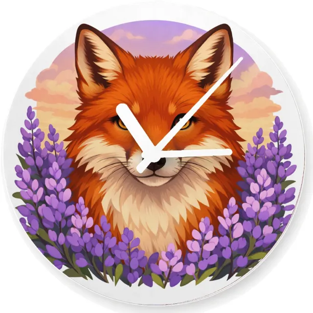 Mr Cadeautjes Glazen klok Ø 20 - design Frontaal portret van een vos in een veld van paarse bloemen | cadeau Wit