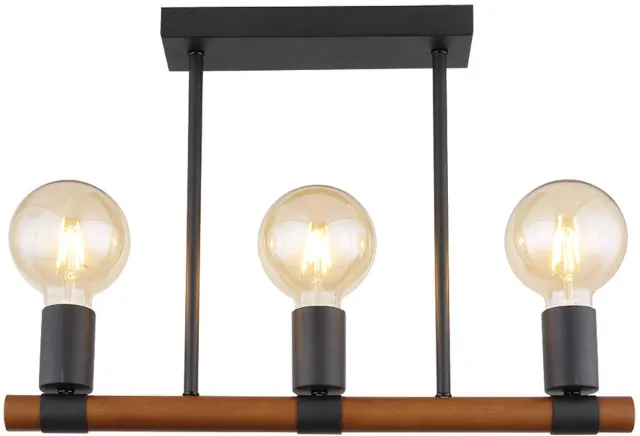 Globo Plafondlamp Woonkamerlamp Eettafellamp Houten lamp Houten lamp, 3 vlammen retro, metaal zwart houten balk bruin, E27, LxBxD 49x6x35cm