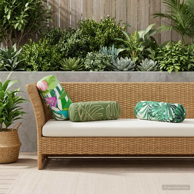 vidaXL Plaid kussen 6 st HEERLEN Bladontwerp Dia. 15 x 40 cm Polyester groen, foto 2