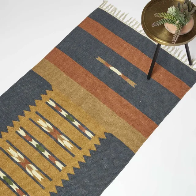 Homescapes handgeweven jute vloerkleed Lundi Blauw - 80 x 180 cm, kelim patroon oranje-blauw Veelkleurig-Blauw
