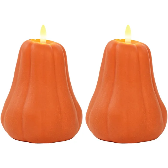 Anna's Collection LED pompoen kaars - 2x - oranje - D13 x H11 cm - met timer