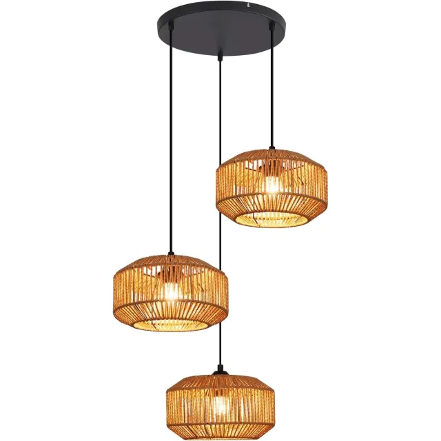 Glitzerlife Hanglampen - Boho Retro Laternevormig - 3xE27 - Verstelbare hoogte - Ijzer papierkoord - Ø25cm - 25W - eetkamer verstelbaar - Eetkamer Slaapkamer Woonkamer korte lampl schijf