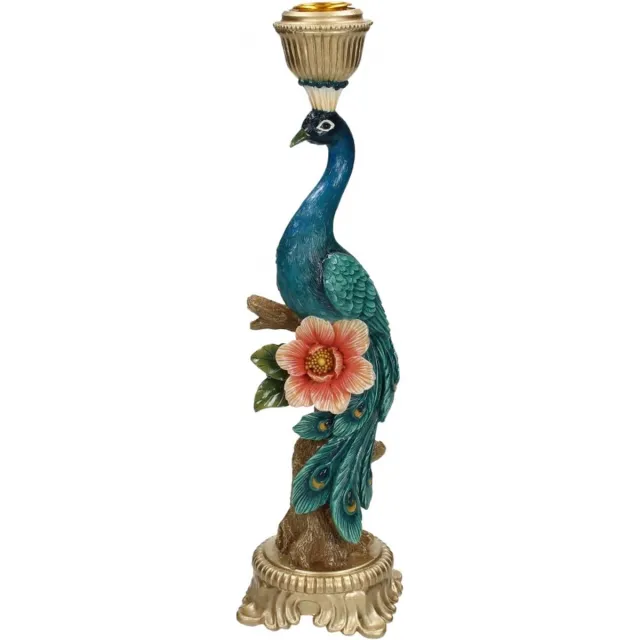 HD Collection Kandelaar - Pauw - Kaarsenhouder - Polyresin Goud en Blauw - 29 cm hoog Multicoloured
