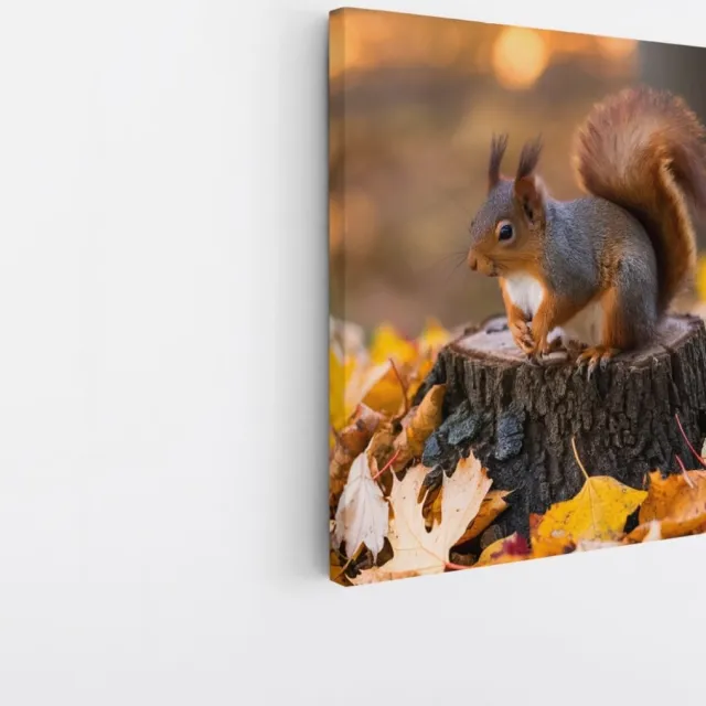 Saammp Canvas Schilderij - Eekhoorn op boomstam - Natuur - Dieren - 60x60 - Foto op canvas - Wanddecoratie - Muurdecoratie Woonkamer - Slaapkamer decoratie - Canvas Print Multicolor