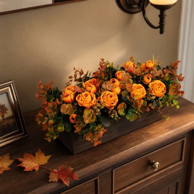 Ulisem Houten Vensterbank Kunstbloem Rozen Oranje - Herfst Bloemstuk - Tafel Decoratie - Distressed Houten Planter - Onderhoudsvrij - Thanksgiving Herfststuk - Kant En Klaar - Woonkamer Accessoire - Cadeau Idee