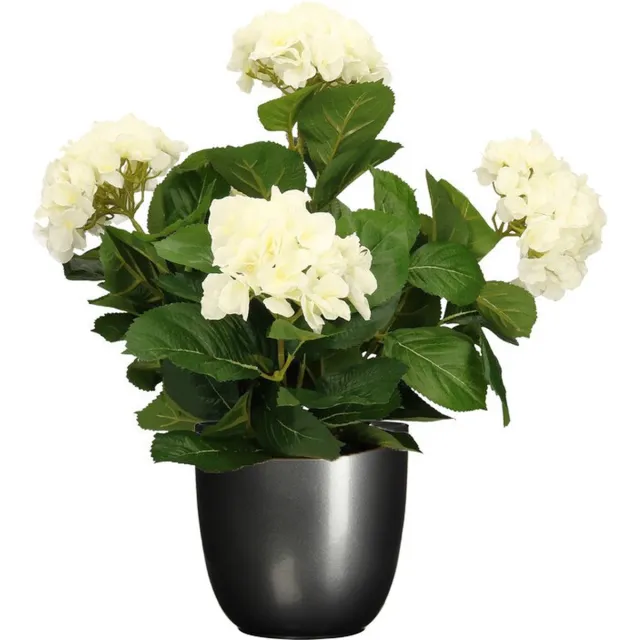 Mica Decorations Hortensia kunstplant/kunstbloemen 45 cm - wit - in pot titanium grijs glans - Kunst kamerplant