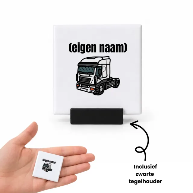 Hacebo vrachtwagen kop stuk met eigen naam tegeltje met tegelhouder - Vrachtwagen chauffeur - vrachtauto chauffeurs - tegeltjes met tekst - iemand die houdt van vrachtwagens - verjaardag - cadeau - kado - geschenk - spreuktegels - 4.8x4.8 CM Wit