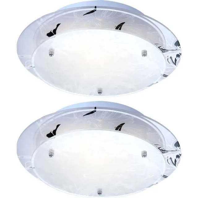 Globo Glazen plafondlamp rond E27 keukenlamp moderne woonkamerlamp chroom, bloemdecor wit, DxH 25x9,5 cm, set van 2
