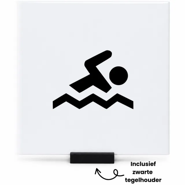 Hacebo Zwemmen tegeltje met tegelhouder - Zwemmen - Beste zwemmer - tegeltjes met tekst - Zwemmen cadeau - Zwemdiploma cadeau - Sport - spreuktegels - 15x15 CM Wit