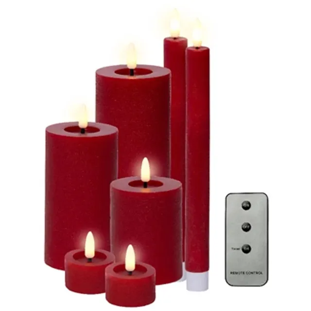 Lumineo Lumineoled kaarsen set - wax - 7-dlg - rood - dinerkaarsen/stompkaarsen/theelichten - afstandsbediening