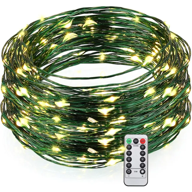 Lifhelpe 20 meter lichtsnoer 200 LED lampjes, fairy lights voor binnen en buiten, op batterijen met afstandsbediening, warm wit, groene draad