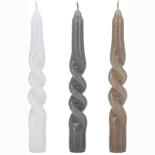 Arti Casa Gedraaide Dinerkaarsen Twist - Set van 3 Stuks - Neutrale Kleuren Lichtbruin, Grijs en Wit - Brandtijd Ca. 6 Uur - Hoogte 25 cm - Sfeervolle Tafeldecoratie